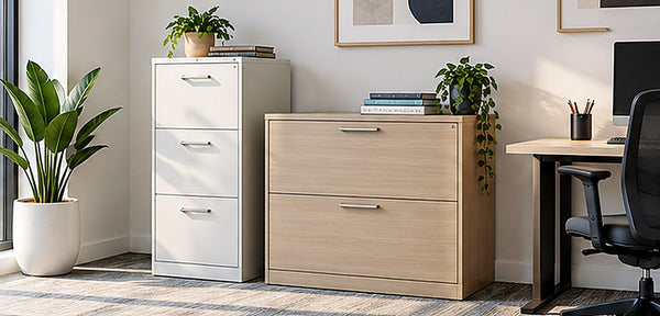 Modern office with vertical and lateral filing cabinets beside a desk
