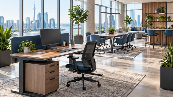 Modern open-plan office with workstation, meeting table and collaborative seating