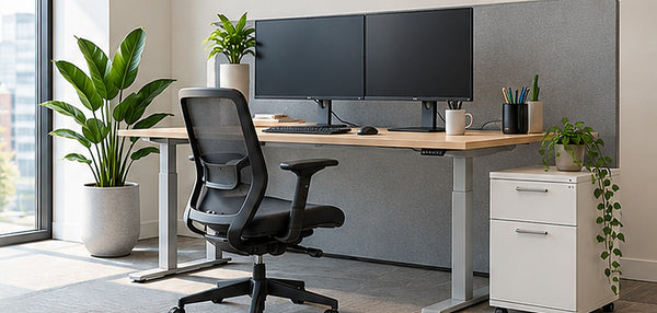 Height-adjustable office desk with ergonomic chair and dual monitors in a modern workspace