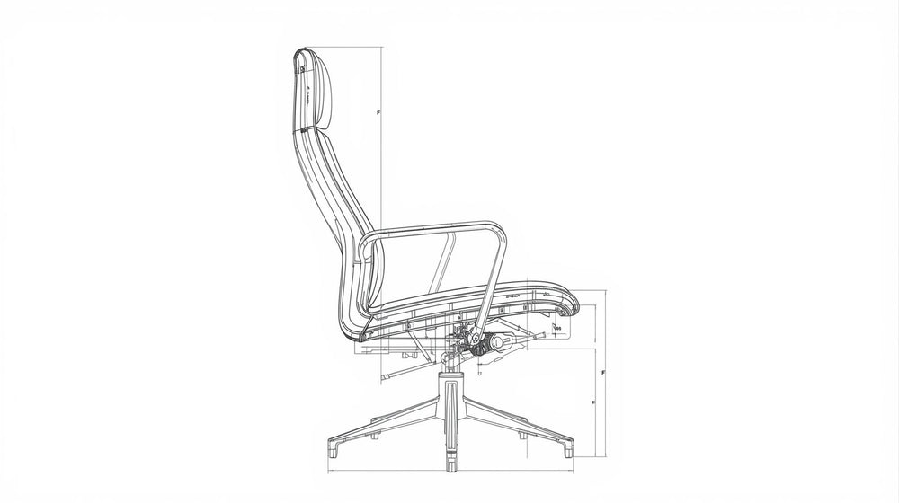 Technical drawing of an office chair on a white background
